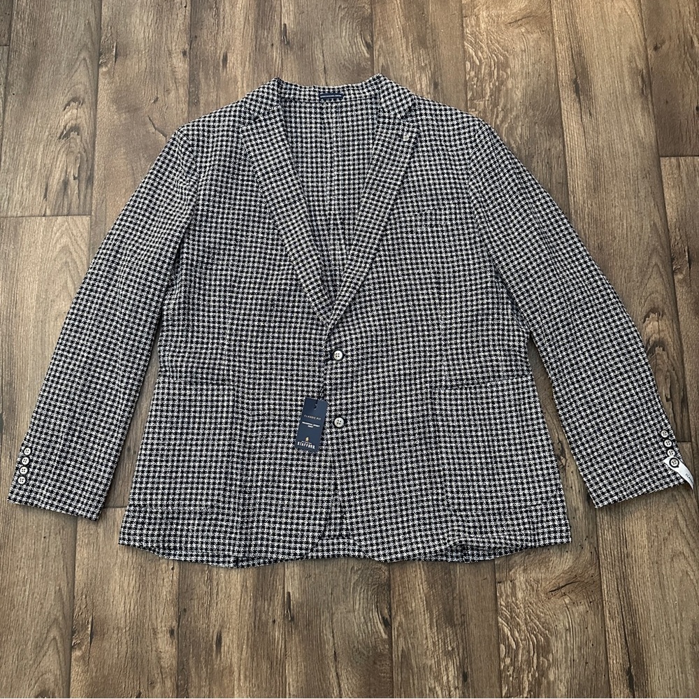 Stafford Classic Fit Sport Coat Blazer Jacket Sz 52R White Black With Navy Knit